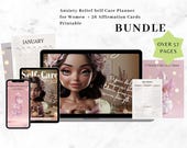 Anxiety Relief Self Care Planner for Women – Undated Mental Health Journal + 36 Affirmation Cards Printable – Self Love Reset Bundle
