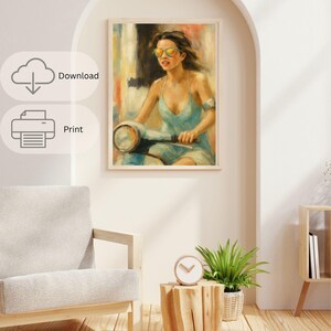 Woman on Vespa /Summery Art Prints /Retro Vintage Art /Wall Decor