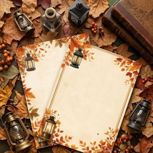 Autumn Lantern Letter Writing Set 40 Printable Pages A4 US Letter PDF Cozy Fall Stationery Vintage Leaves Writing Paper Download