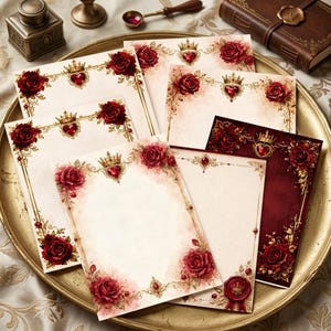 Könnte beinhalten: Ein Set aus Briefpapierbögen mit verzierten Goldrändern, dunkelroten Rosen und herzförmigen Motiven mit Kronen. Die Designs zeigen cremefarbene und dunkelrote Hintergründe mit detaillierten floralen Elementen und einer roten Wachssiegelgrafik.