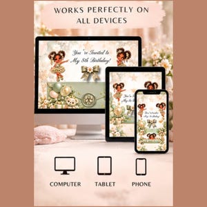 Könnte beinhalten: Ein Computermonitor, ein Tablet und ein Smartphone zeigen eine digitale Geburtstagseinladung mit dem Text "You're Invited to My 8th Birthday!", einer Zeichentrickfigur, Luftballons und einer Schleife. Oben steht der Text "WORKS PERFECTLY ON ALL DEVICES".