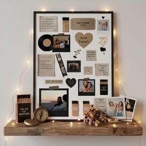 Könnte beinhalten: Eine schwarz gerahmte Erinnerungstafel mit verschiedenen Polaroidfotos, handschriftlichen Notizen, einem Filmstreifen, einer Schallplatte und herzförmigen Ausschnitten. Die Tafel ist mit kleinen Streichholzschachteln und Trockenblumen verziert und wird von einer Lichterkette beleuchtet.