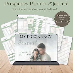 Könnte beinhalten: Digitaler Schwangerschaftsplaner und -journal in Grün und Weiß. Das Cover zeigt ein Paar, und das Journal enthält Abschnitte zur Verfolgung von Terminen und Gewicht. Der Text lautet "Pregnancy Planner & Journal."