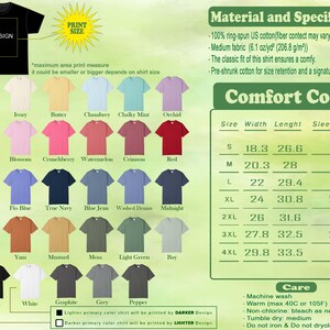 May include: Image of Comfort Colors t-shirts in various colours, including violet, ivory, and black. The image includes a size chart with measurements in inches and care instructions.