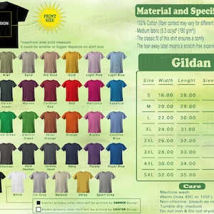 May include: A selection of Gildan t-shirts in different colours is shown, with a black t-shirt featuring a design area. The image includes a size chart and care instructions. The shirts are made of 100% cotton.
