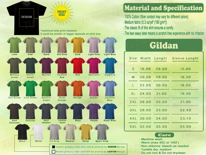 May include: A selection of Gildan t-shirts in different colours is shown, with a black t-shirt featuring a design area. The image includes a size chart and care instructions. The shirts are made of 100% cotton.
