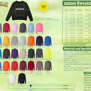 May include: A black unisex sweatshirt with a design area. The image displays a size chart with measurements in inches, and a color chart with various sweatshirt colours. The material is 50% cotton and 50% polyester.