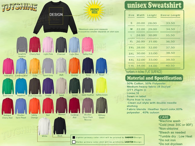 May include: A black unisex sweatshirt with a design area. The image displays a size chart with measurements in inches, and a color chart with various sweatshirt colours. The material is 50% cotton and 50% polyester.