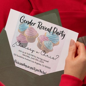 Invitación para fiesta de revelación de género de bebé, plantilla digital editable para fiesta de niño o niña, tarjeta de revelación de género digital personalizable e imprimible