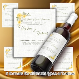Etiquetas de vino para aniversario de bodas, plantilla de etiqueta de vino para bodas, 50.° aniversario de bodas, etiqueta de vino personalizada, etiqueta de champán, etiqueta de minibotella