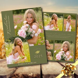 Invitación editable para fiesta de graduación con foto, tarjeta verde de anuncio para estudiantes de último año, plantilla editable para la clase de graduación de 2025, invitación de graduación con varias fotos