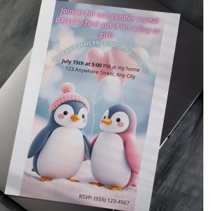 Invitación de revelación de género de pingüino, linda invitación para baby shower, fiesta de revelación de género neutral, tarjeta de revelación de género imprimible, invitación editable