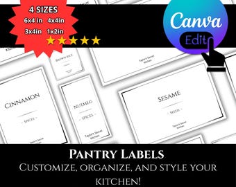 May include: Printable pantry labels in four sizes: 6x4 inches, 4x4 inches, 3x4 inches, and 1x2 inches. The labels are customizable and feature a simple black and white design with the text "Taylor's Secret Kitchen". The labels are designed to help organize and style your kitchen.
