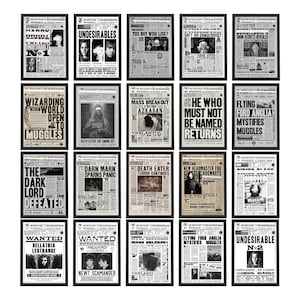 May include: A collection of twenty framed black and white newspaper prints featuring headlines and imagery from a fantasy series. Each print mimics a vintage publication layout with bold typography, columns of text, and portraits.