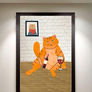 Bar Cart Decor, Cat Poster, Wine Print, Retro Kitchen Decor, Mid Century Modern Decor, Trendy Wall Art, Cheers Print, Dining Room Print