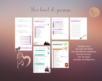 Puede incluir: Un diario de embarazo imprimible con un fondo de acuarela y un tema de Harry Potter. El diario incluye secciones para hacer un seguimiento de las citas, los nombres de los bebés y las listas de empaque. El texto en la página dice "Mon livret de grossesse".