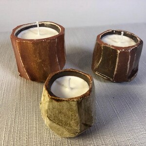 Set of handmade stoneware candlesticks. Unique pieces. Japanese inspiration from Kurinuki, Knife work with cut sides, enameling