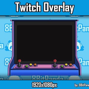 Puede incluir: Una superposición de Twitch de estilo pixel art que presenta un gabinete de arcade retro con una pantalla en blanco, botones rojos y amarillos, y el texto "Twitch Overlay" en la parte superior. La resolución es de 1920x1080 píxeles.