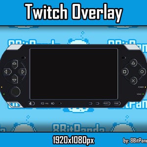 Może przedstawiać: Czarno-srebrna przenośna konsola do gier z czarnym ekranem i przyciskami. Konsola znajduje się na niebieskim tle z pikselowym wzorem pandy. Tekst "Twitch Overlay" znajduje się w górnej części obrazu. Tekst "1920x1080px" znajduje się w dolnej części obrazu. Tekst "by: 8BitPanda" znajduje się w prawym dolnym rogu obrazu.