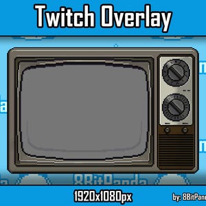 May include: A retro-style television screen with a gray background and a brown wooden frame. The screen is surrounded by a black border and has a set of knobs on the right side. The text "Twitch Overlay" is at the top of the image, and the text "1920x1080px" is at the bottom of the image.