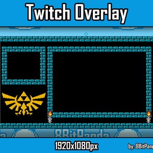 Puede incluir: Una superposición de Twitch pixelada azul y negra con un logotipo de Triforce y el texto "Twitch Overlay" en la parte superior. La superposición es de 1920x1080 píxeles y es de 8BitPanda.