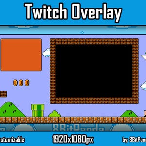 以下が含まれることがあります： レトロなビデオゲームをテーマにしたTwitchオーバーレイ。オーバーレイは、茶色のレンガの背景、ゲームストリーム用の黒い画面、そして白い旗が付いた緑の旗を特徴としています。テキスト「Twitch Overlay」は画像の上部にあり、テキスト「1920x1080px」は画像の下部にあります。