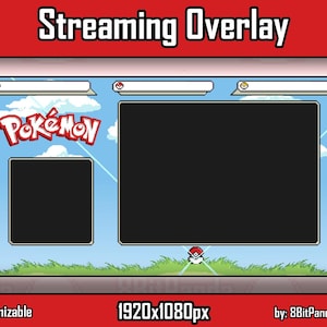 Può includere: Un overlay di streaming personalizzabile a tema Pokémon. Il design presenta uno sfondo di cielo blu con nuvole, erba verde e il logo Pokémon. Include due riquadri neri per la visualizzazione dei contenuti e il testo "Streaming Overlay".