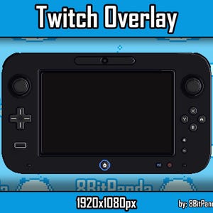 Op de afbeelding: Zwarte game controller overlay met de tekst "Twitch Overlay" in het wit. De overlay heeft een resolutie van 1920x1080px en is ontworpen door 8BitPanda. De achtergrond is lichtblauw met gepixelde panda graphics.