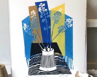 Vase with Seedheads Linocut Print Original