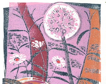 Summer Floral in Pink and Orange Linocut Print