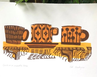 Cups on a Mantle Piece in Brown/Orange or Blue/Green or Purple/Mulberry Linocut Print Original