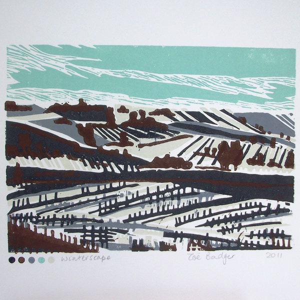 Winterscape linocut print.