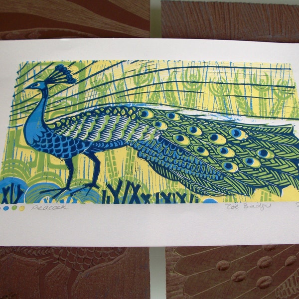 Reserved for SARAH Peacock linocut print. COLLECT ONLY