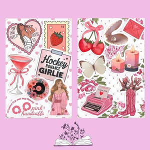 Może przedstawiać: Dwa arkusze naklejek w różowej tematyce. Jeden arkusz zawiera koktajl, płytę i tekst "Hockey Romance Girlie". Drugi arkusz ma wiśnie, motyla i maszynę do pisania z sercem z napisem "I love you."