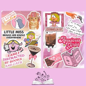 Può includere: Un set di 10 adesivi rosa e bianchi con illustrazioni di un gatto, una ragazza che legge un libro, una bevanda al caffè, un libro con il testo "Banish Anxiety", una barretta di cioccolato, una sacca di sangue, una mano che tiene un uccello e una ragazza con il testo "Cornelia St.". Gli adesivi includono anche il testo "Little Miss Brings Her Kindle Everywhere", "Easily Distracted By Books And Cats", "I'm a mess but I'm the mess that you wanted", e "Anxious Girly".