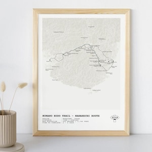 Puede incluir: Un mapa en blanco y negro del sendero Kumano Kodo - Nakahechi Route en Wakayama, Japón. El mapa muestra la ruta del sendero, la elevación y la distancia. El texto en el mapa dice "Kumano Kodo Trail - Nakahechi Route", "Región: Wakayama, Japón", "Distancia: 110 km", "Elevación máxima: 950 metros / 3.118 pies", "Tiempo para completar: 4-6 días".