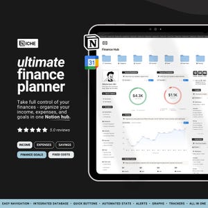 Puede incluir: Un planificador financiero digital que se muestra en una tableta. La interfaz muestra datos de ingresos, gastos y ahorros, con el texto "ultimate finance planner". La pantalla también muestra gráficos y métricas financieras. La aplicación está diseñada para organizar las finanzas.