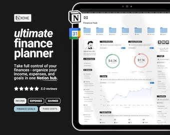 May include: A digital finance planner displayed on a tablet. The interface shows income, expenses, and savings data, with the text "ultimate finance planner." The screen also displays graphs and financial metrics. The app is designed to organize finances.