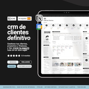 Puede incluir: Una tableta digital muestra una interfaz CRM con el texto "CRM de clientes definitivo." La interfaz incluye elementos de visualización de datos, botones de navegación y un calendario. La tableta está sobre un fondo oscuro.