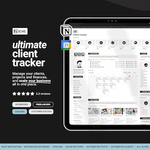 Puede incluir: Una captura de pantalla de una interfaz de software de seguimiento de clientes que se muestra en la pantalla de una computadora. El software se llama "Niche" y tiene un calendario, funciones de gestión de proyectos y una lista de clientes. El texto "Seguimiento de clientes" se muestra en la parte superior de la pantalla. El software está diseñado para ayudar a las empresas a gestionar sus clientes, proyectos y finanzas.