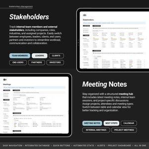 May include: A screenshot of a computer screen showing a software program for managing stakeholders and meetings. The software has a dark background with white text and buttons. The software includes features for tracking team members, leaders, clients, end users, partners, and investors. It also includes features for managing meeting notes, internal meetings, and project meetings.