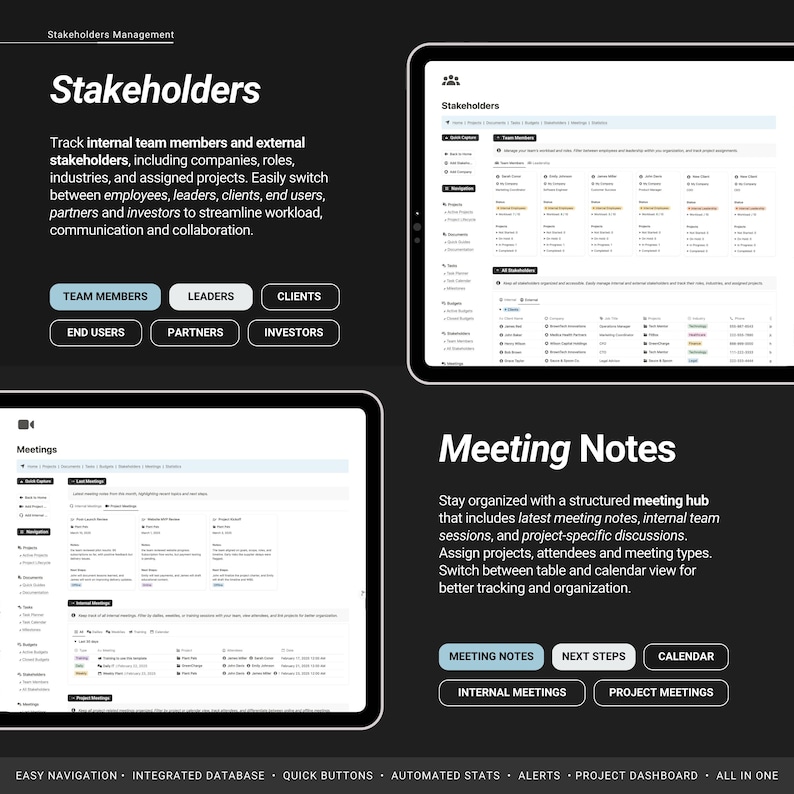 May include: A screenshot of a computer screen showing a software program for managing stakeholders and meetings. The software has a dark background with white text and buttons. The software includes features for tracking team members, leaders, clients, end users, partners, and investors. It also includes features for managing meeting notes, internal meetings, and project meetings.