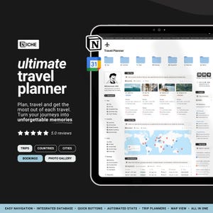 May include: A digital travel planner displayed on a tablet. The screen shows a user interface with sections for trips, countries, and cities. The text reads "ultimate travel planner" and includes a 5.0-star review rating. Additional text includes "Plan, travel and get the most out of each travel."