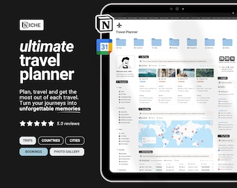 May include: A digital travel planner displayed on a tablet. The screen shows a user interface with sections for trips, countries, and cities. The text reads "ultimate travel planner" and includes a 5.0-star review rating. Additional text includes "Plan, travel and get the most out of each travel."