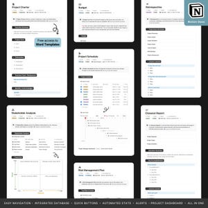 May include: A black and white image showing a project management template with sections for project charter, budget, project schedule, stakeholder analysis, risk management plan, retrospective, and closeout report. The template is designed for use with Notion Docs.
