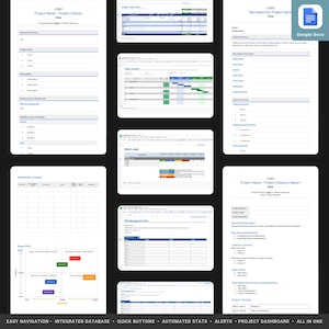 May include: A screenshot of a Google Docs document with a project management template. The template includes sections for project charter, retrospective, closeout report, RACI chart, risk management plan, and stakeholder analysis. The template is designed to help project managers track progress, identify risks, and manage stakeholders.