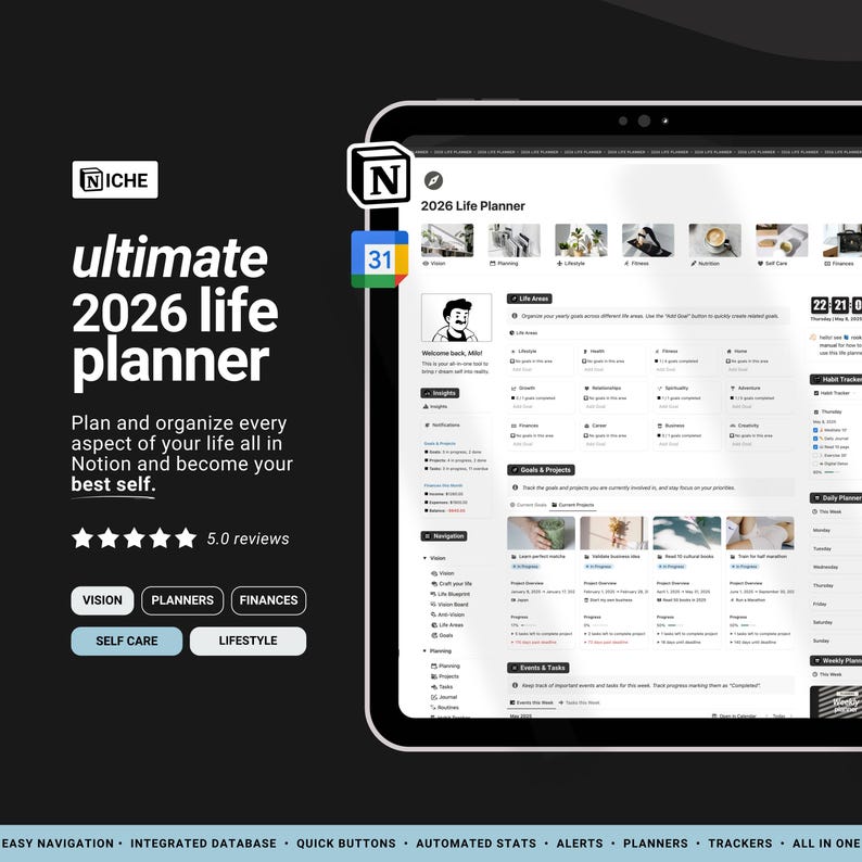 2026 Notion Life Planner | All-in-One Notion Template | Notion Planner Template | Notion Dashboard Aesthetic | Second Brain Digital Planner image 1
