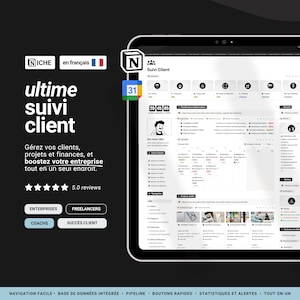 May include: A digital tablet displaying a software interface with the text "ultime suivi client" and "Gérez vos clients, projets et finances, et boostez votre entreprise tout en un seul endroit." The interface includes various icons and data visualizations.