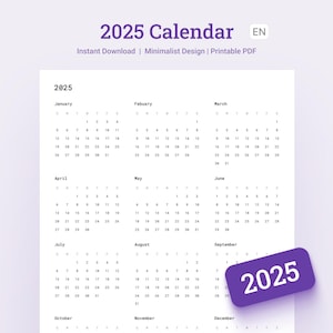 2025 Minimalist Printable Calendar | Simple PDF Calendar Design | 2025 Digital Calendar | 2025 Calendar | 2025 Planner