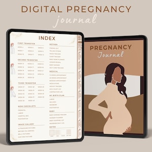 May include: Digital pregnancy journal with a brown and beige cover featuring a stylised illustration of a pregnant person. The journal includes sections for tracking medical appointments, weight, mood, and baby name ideas.